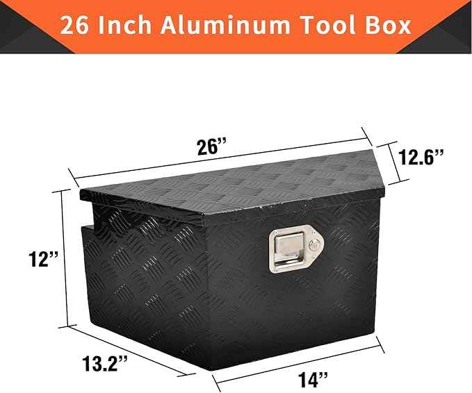 26 Inch Aluminum Trailer Tongue Tool Box 5 Bar Tread Wide Utility ToolBox for Pick Up Truck RV Storage Organizer Tool Box with Lock and Keys - 26"X13.3"X12" Black