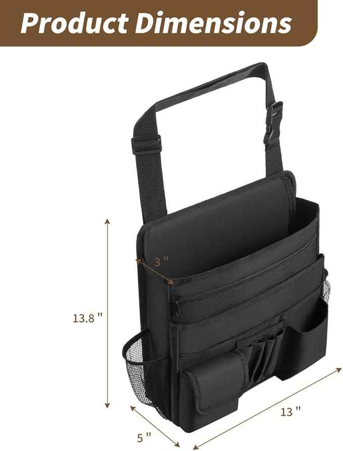 Car Front Seat Organizer for Paperwork File Laptop Mobile Office, Multi Compartment Storage Bag with Cup holder and Adjustable Strap for Car Work Truck Van