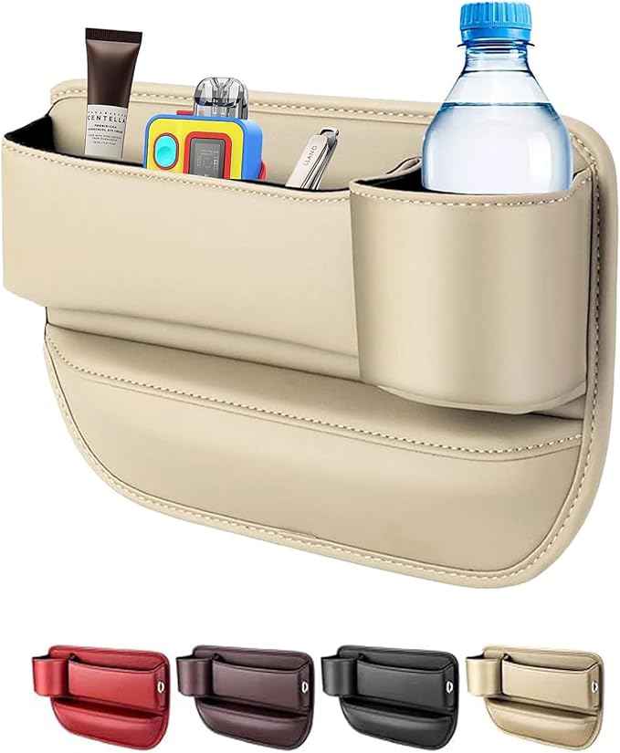 Car Seat Gap Filler Organizer for Tesla Model X 2016-2025, Leather Seat Gap Storage Box with Cup Holder Phone Keys Glasses Cards Drinks Small Items Interior Accessories, Beige