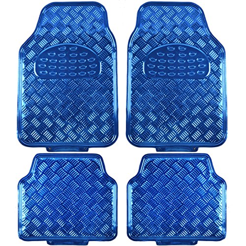 4-Piece All-Weather Universal Fit Front & Rear Floor Mats for Cars Trucks SUVs Vans, All-Weather Easy-to-Clean Diamond Metal Pattern Durable Heavy Duty Non-Slip Protection - Metallic Blue
