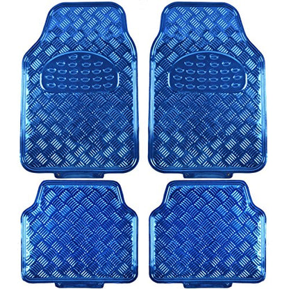 4-Piece All-Weather Universal Fit Front & Rear Floor Mats for Cars Trucks SUVs Vans, All-Weather Easy-to-Clean Diamond Metal Pattern Durable Heavy Duty Non-Slip Protection - Metallic Blue