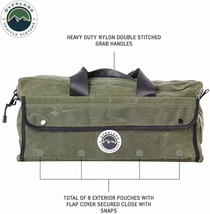 Overland Vehicle Systems Small Duffle Bag With Handle And Straps - #16 Waxed Canvas - Infused with Paraffin Wax Waterproofing - Tear Resistant Fabric