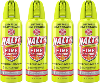 HALT! Fire Fighting Foam Spray – Non-Toxic, PFAS Free, Easy to Use, Store, and Find in Emergency – Compact & Portable – Ideal for Home, Kitchen, Apartment, Car, BBQ, Tailgate – Made in USA (4-Pack)