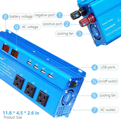 Yinleader 1000 Watt Pure Sine Wave Inverter 12V to 110V DC to AC Car Power Inverter for RV, Road Trip, Camping, Travel, 3 AC Outlets and 4 Built-in 5V/4.8A USB Ports, LCD Display, Blue