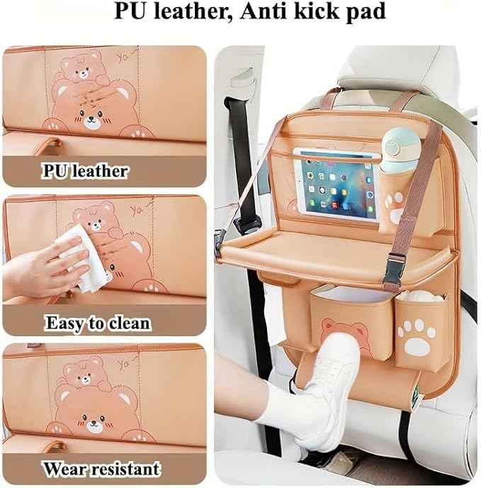 Car Organizer for Back Seat - Bear Design Storage Bag with Multi-Pockets, Kick Mat, Cup Holder, Trash Can, Table & Phone Holder | PU Leather, Waterproof, Easy Clean Car Accessories