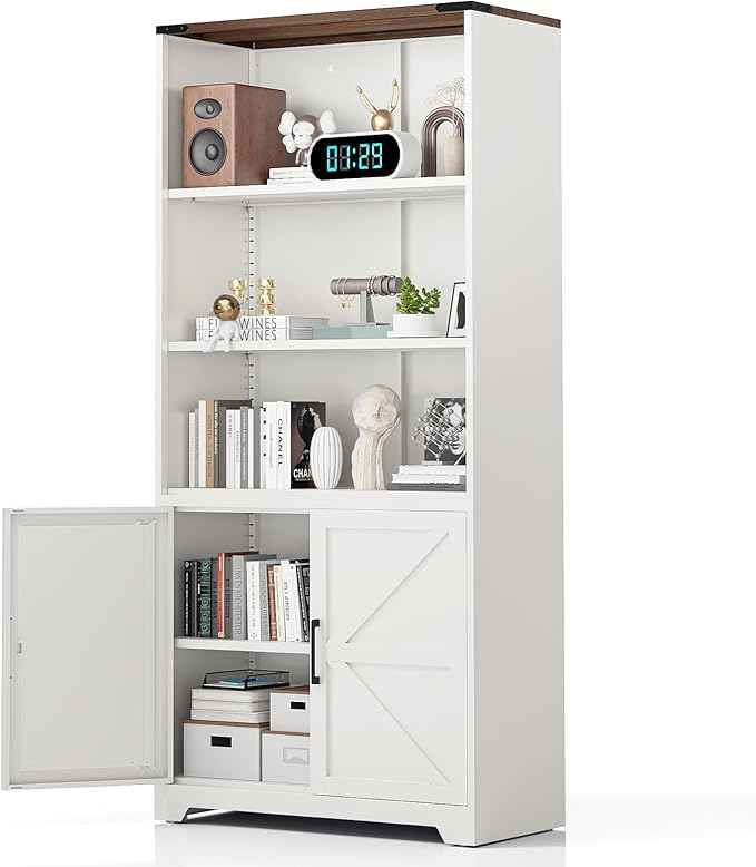 VINGLI Bookcase with Doors and Adjustable Shelves, Steel 70" Tall Bookshelf, 6-Tier Farmhouse Metal Storage Cabinet for Study, Living Room, Home Office, Kitchen Pantry, White Display Cabinet