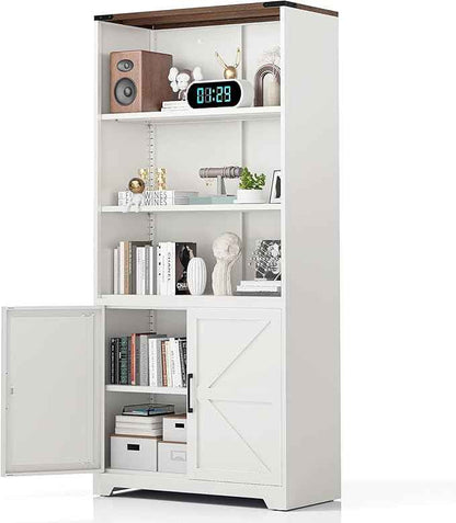 VINGLI Bookcase with Doors and Adjustable Shelves, Steel 70" Tall Bookshelf, 6-Tier Farmhouse Metal Storage Cabinet for Study, Living Room, Home Office, Kitchen Pantry, White Display Cabinet