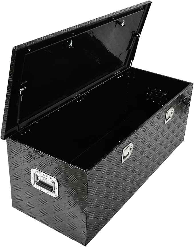 48 Inch Black Aluminum Tool Box 5 Bar Tread Chest Box Flatbox for Truck Car Outdoor Trailer Pickup Underbody RV ATV Storage Bed ToolBox w/Lock and Keys, Side Handle (48"x19.5"x17.5")