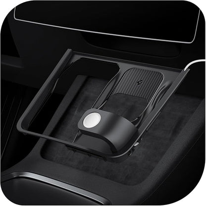 Spigen 3-in-1 Organizer Mount for Tesla Model Y 2021-24 & Model 3 2021-23 (Watch Charger Not Included) - Uses Tesla Wireless Charging Pad - Charge iPhone, AirPods, Apple Watch