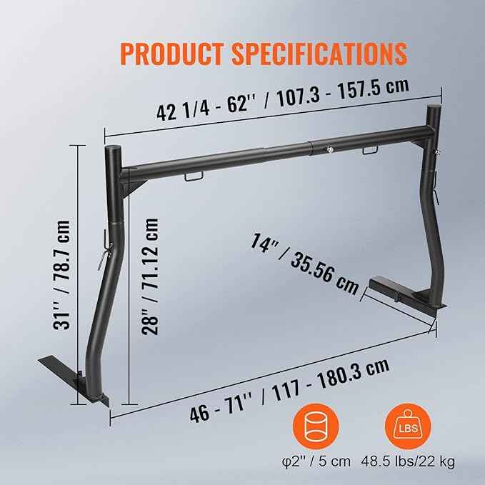VEVOR Extendable Steel Truck Ladder Rack - 800 lbs Capacity, 46-71 inch, Non-Drilling for Kayak, Surfboard, Lumber, Ladder