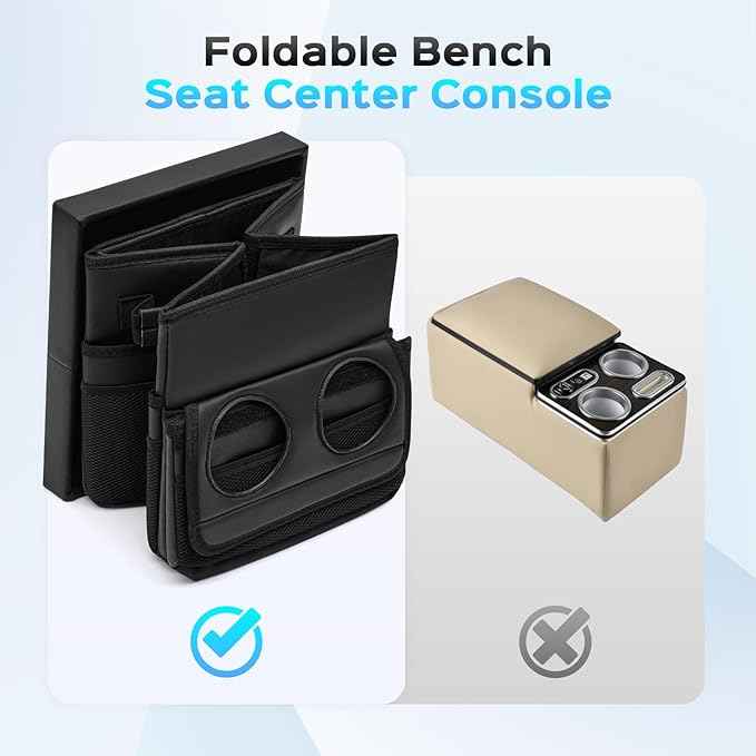 Foldable Bench Seat Center Console, Car Armrest Organizer Box with 2 Large Cup Holders & Massive Storage, Universal Portable Trunk Console Arm Rest for Car/Truck/Van/SUV Rear Organizers Back Seat