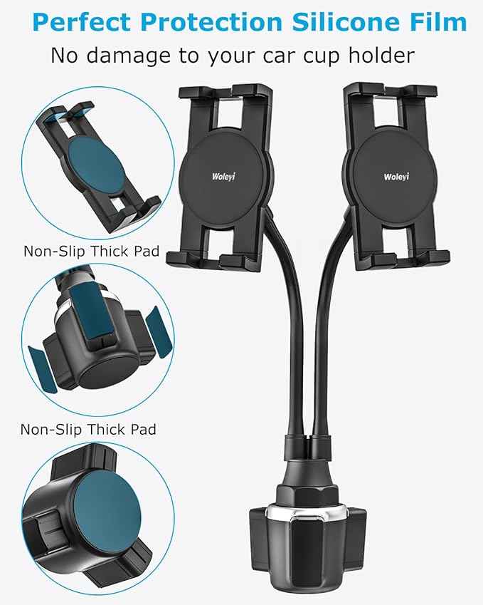 woleyi Cup Holder Tablet Mount for Car, [Double Device Clamp] Dual iPad Phone Car Mount with 10" Gooseneck Adjustable Arm for iPad Pro Air Mini, Galaxy Tabs, Z Fold, Fire HD, iPhone, 4.7-13" Devices