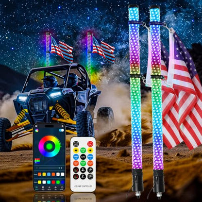2PCS 3FT RGB Whip Lights for UTV ATV Brighter Spiral Chasing Lighted Antenna Whip for Side by Side with APP and Remote Control for Jeep Off (2 Count)