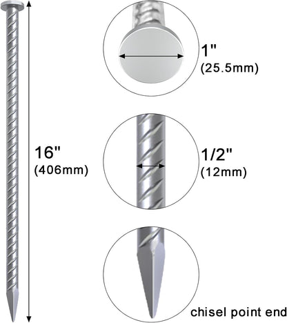 VVOKGO 16 Inch Rebar Stakes Metal Asphalt Anchoring Spikes Ground (12pcs), 1/2 Inch Diameter Galvanized Landscape Anchors Heavy Duty for Speed Bump, Handicap Threshold Ramps, Parking Limits Curb, Tarp