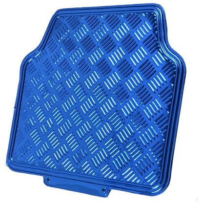 4-Piece All-Weather Universal Fit Front & Rear Floor Mats for Cars Trucks SUVs Vans, All-Weather Easy-to-Clean Diamond Metal Pattern Durable Heavy Duty Non-Slip Protection - Metallic Blue