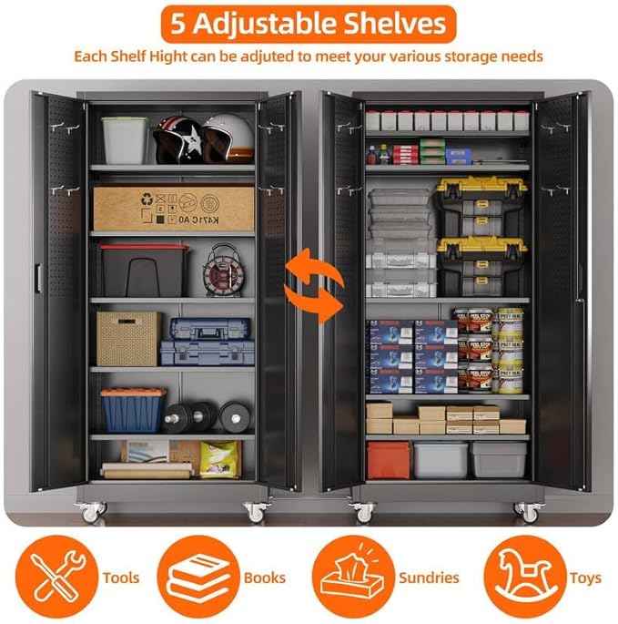 Aobabo Garage Storage Cabinet with Door Pegboard,Lockable Metal Storage Cabinet with 5 Adjustable Shelves for Garage Home,Required Assembly,Black