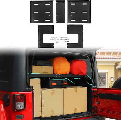 RT-TCZ Rear Trunk Cargo Rack Basket for Jeep Wrangler JKU (2007-2017) & JLU (2018+), 4 Door Interior Storage Shelf, Black Aluminum Alloy & Stainless Steel, 3PCS Assembled Pallet