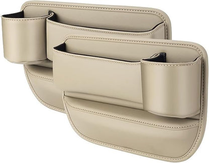 Car Seat Gap Storage Bag for Tesla Model Y 2023-2024, 2 Pack Universal Leather Front Filler Organizer Box with Cup Holder, Premium for Keys Phone Glasses Cards, B/Beige