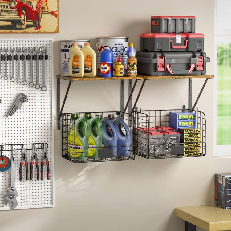 2 Pack Garage Shelves Wall Mounted with Wire Storage baskets (2 Count)