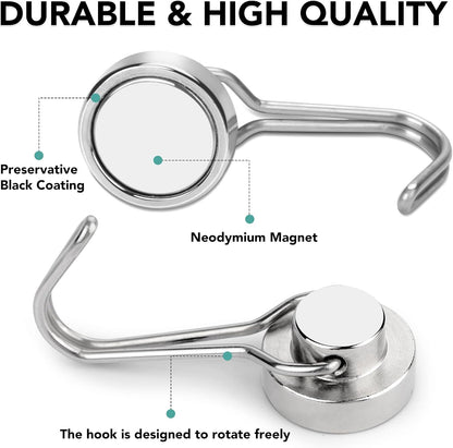 MIKEDE Magnetic Hooks, 40LB Strong Neodymium Magnet Hooks Heavy Duty, Magnetic Swivel Hooks for Hanging, Rust Proof Strong Magnets with Hook Magnetic Metal Hanger for Fridge, Toolbox - 4 Pack