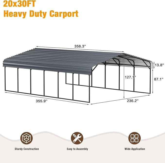 EBE 20'x30' Metal Carport, Heavy Duty Carports Canopy with Galvanized Steel Roof and Enhanced Frame, Outdoor Carport Metal Garage Car Shelter Shade for Truck, Boat, SUV