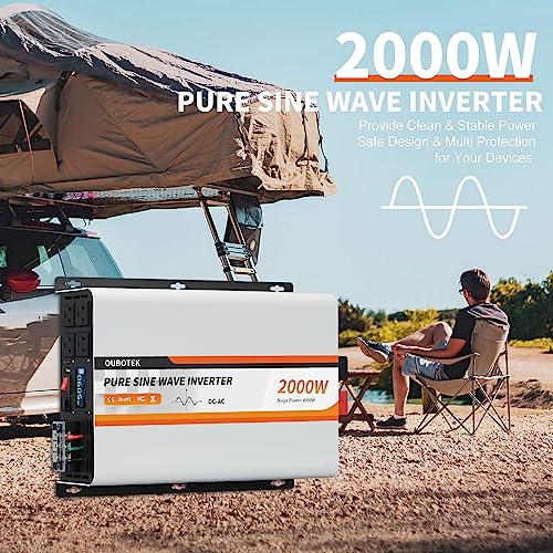 2000W Pure Sine Wave Inverter 12V DC to 120V AC Converter for Vehicles Boat Camping Outdoor Solar System