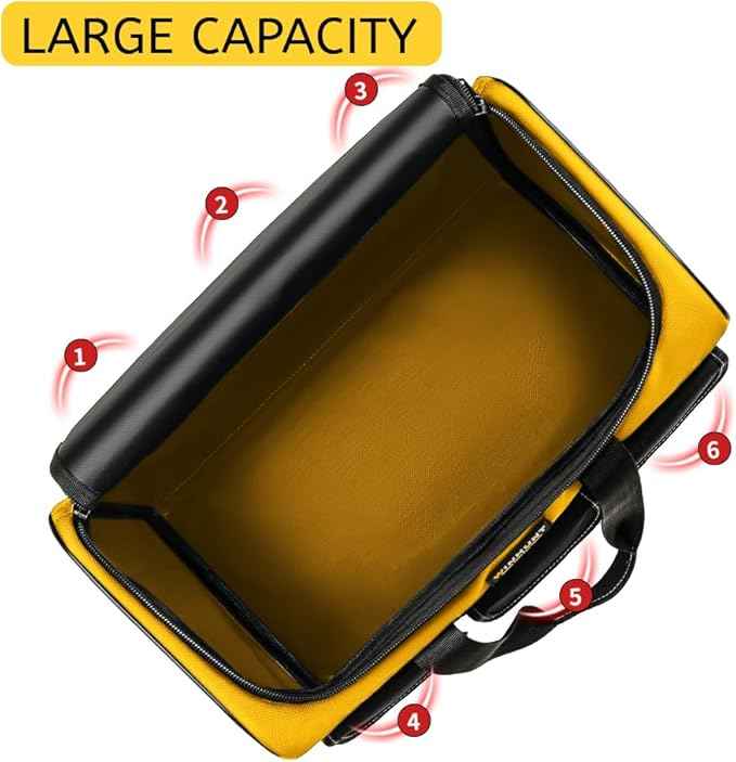 Large Tool Bag, 17 inch Wide Mouth Tool Organizer Bag for Home Repairs,Garage StorageDouble Zipper, Yellow and Black, 16.9 x 11.8 x 9.8 inch