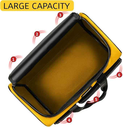 Large Tool Bag, 17 inch Wide Mouth Tool Organizer Bag for Home Repairs,Garage StorageDouble Zipper, Yellow and Black, 16.9 x 11.8 x 9.8 inch