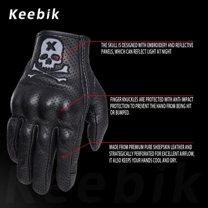 Goatskin Leather Motorcycle Motorbike Powersports Racing Gloves Reflective Skull Touchscreen for Men and Women Model