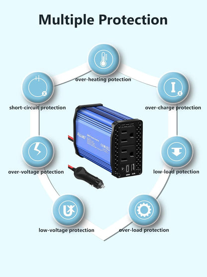 ALLWEI 300W Car Power Inverter DC 12V to 110V AC Power inverters for Vehicles Converter USB-C PD65W/18W USB Fast Charging Ports Car Charger Adapter (Blue)