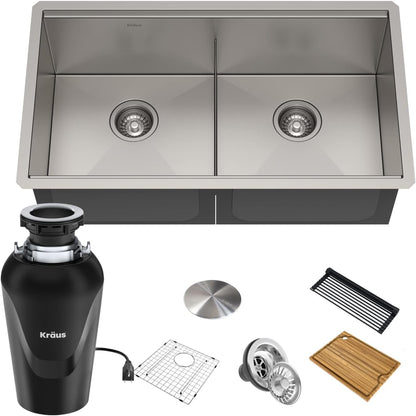 KRAUS Kore™ Workstation 33-inch Undermount 16 Gauge Double Bowl Stainless Steel Kitchen Sink with Accessories (Pack of 8) with WasteGuard™ Continuous Feed Garbage Disposal, KWU112-33-100-75MB