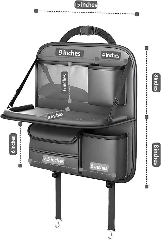 Universal Premium Leather Foldable Car Backseat Organizer with Table Tray, Seat Back Protector with Touch Screen Pad Phone Holder, Car Storage Pockets Tissue Holder with School Bags Hooks