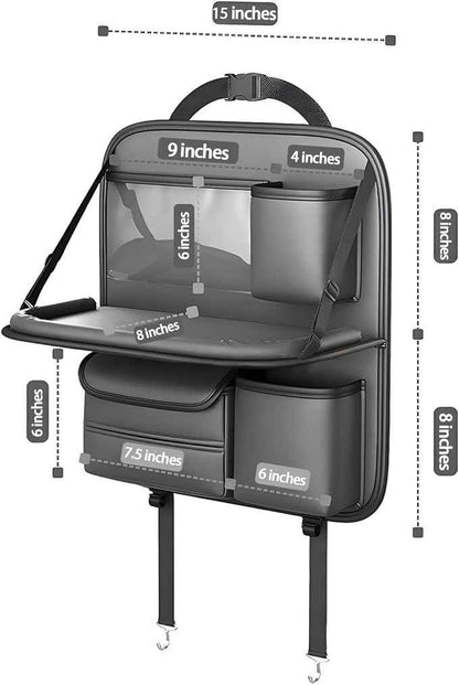 Universal Premium Leather Foldable Car Backseat Organizer with Table Tray, Seat Back Protector with Touch Screen Pad Phone Holder, Car Storage Pockets Tissue Holder with School Bags Hooks