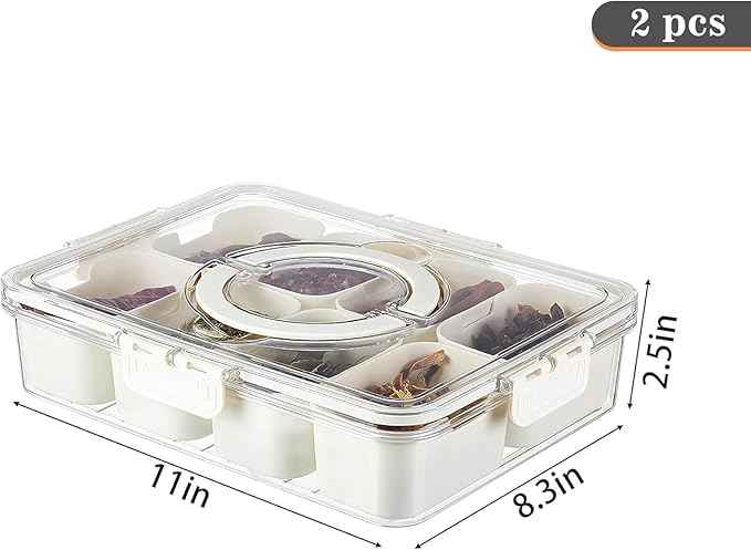 Eanpet 2Pack Divided Veggie Tray with Lid and Handle 8 Compartment Serving Tray with Dividers Portable Travel Snack Containers Stackable Snackle Box Charcuterie Container for Fruit,Vegetable,Salad