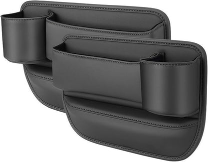 Car Seat Gap Storage Bag for Tesla Model 3 S X Y 2012-2025, 2 Pack Universal Leather Front Filler Organizer Box with Cup Holder, Premium for Keys Phone Glasses Cards,A/Black