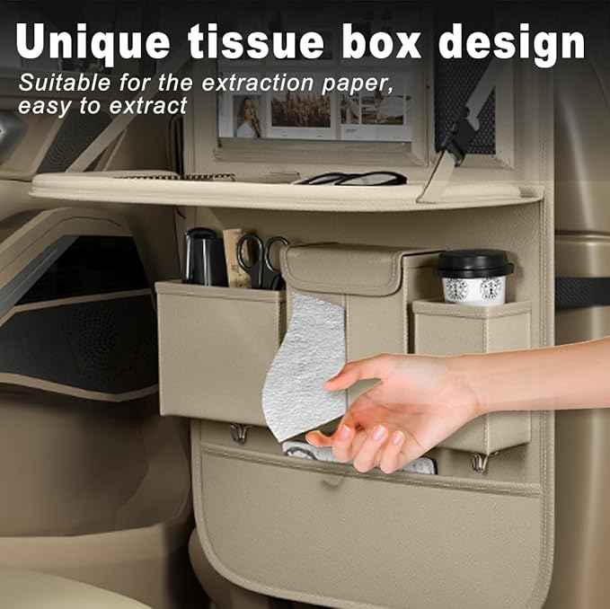 Car Seat Organizers,Multi-functional Back Seat Protectors, Storage Pouches, and Tray Holders (for Cars, Kids, Seat Back and Rear Seats) (Plain Beige, 1 Pcs)