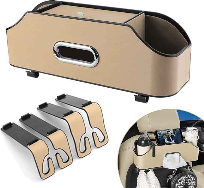 Car Seat Back Organizer - Stylish & Functional Storage for Family Adventures - Cup Holders, Tissue Box & Hooks - Perfect for Kids, Road Trips & Travel (Beige)