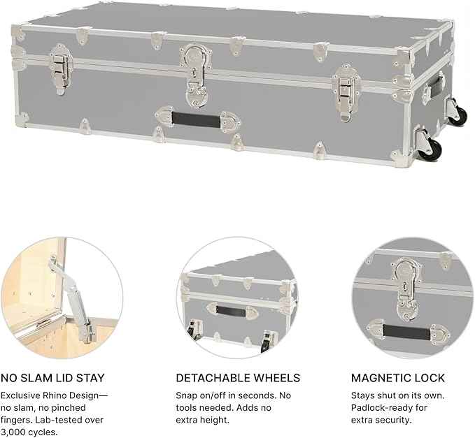 Rhino Trunk & Case Trundle Home Storage & College Trunk With Wheels - 44”x20”x12” - 1500+ lbs Capacity. USA Made Secure Under-Dorm Bed Footlocker for Clothes and Food, and Underbed Shoe Storage Box