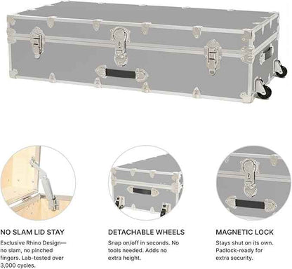 Rhino Trunk & Case Trundle Home Storage & College Trunk With Wheels - 44”x20”x12” - 1500+ lbs Capacity. USA Made Secure Under-Dorm Bed Footlocker for Clothes and Food, and Underbed Shoe Storage Box