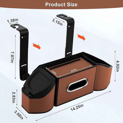 7-In-1 Car Seat Back Organizer with Cup Holders, Tissue Box, Garbage Can&Hooks, Multifunctional Headrest Storage Organizer, Headrest Cup Holder for Backseat, Car Accessories for Trips, Travels(Brown)