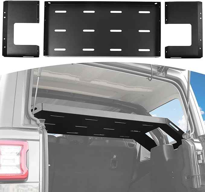 RT-TCZ Rear Trunk Cargo Rack Basket for Jeep Wrangler JKU (2007-2017) & JLU (2018+), 4 Door Interior Storage Shelf, Black Aluminum Alloy & Stainless Steel, 1PC Integrated Pallet