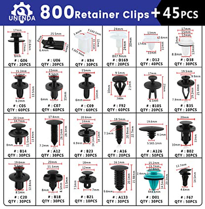 Car Push Retainer Clips 845pcs with 24Most Popular Push Pins Automotive Parts Sizes Auto Screw Trim Clip Assortment with Cable Ties and Blue Fastener Remover for Ford GM Toyota Honda Chrysler Nissan