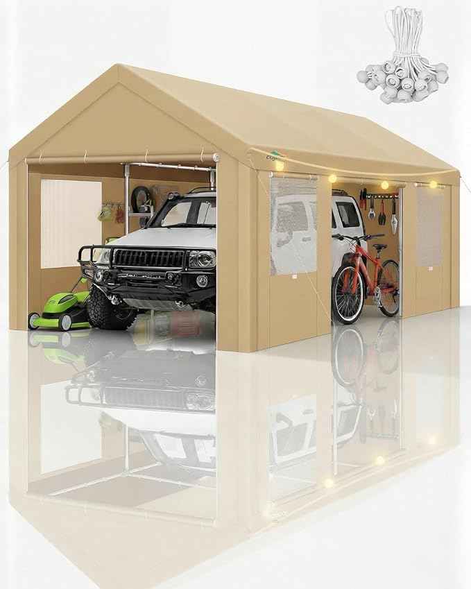 COBIZI 12x20 FT Heavy Duty Carport with Galvanized Frame, Carport Canopy with Roll-up Windows, Storage Tent with Removable Sidewalls & Doors, Built-in Sandbags for Car Boat Truck, Khaki