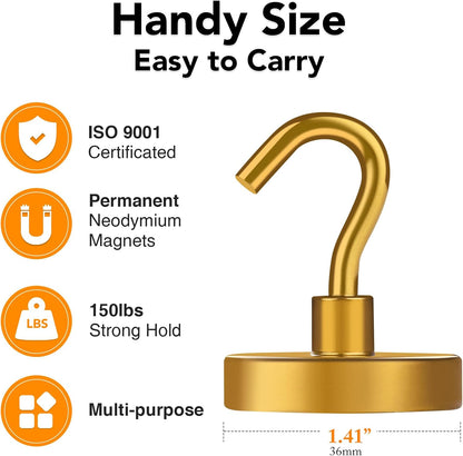 MIKEDE Magnetic Hooks,150LB Heavy Duty Magnets with Hook for Fridge, Super Strong Magnets Neodymium Extra Strength Industrial Hooks for Hanging, for Toolbox, Cruise(Yellow, 4 Pack)
