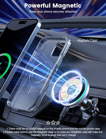 for Magsafe Car Mount Charger 15W LED RGB Car Phone Holder for Dash Vent
