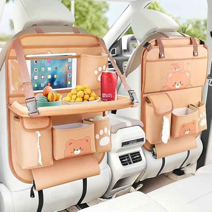 Car Organizer for Back Seat - Bear Design Storage Bag with Multi-Pockets, Kick Mat, Cup Holder, Trash Can, Table & Phone Holder | PU Leather, Waterproof, Easy Clean Car Accessories