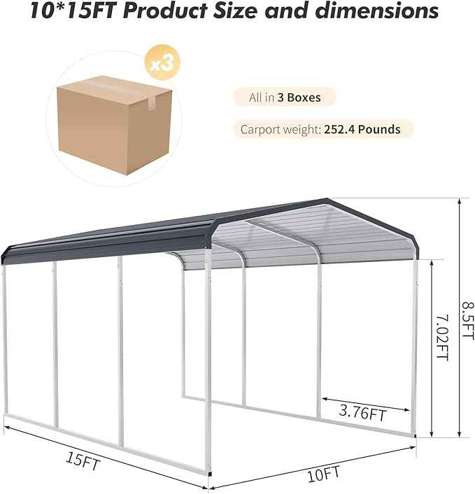 10x15 Ft Heavy Duty Metal Carport, Galvanized Steel Roof & Upgraded Frame for Garage, Vehicles, RVs, Boats, Tractors for All-Weather Protection