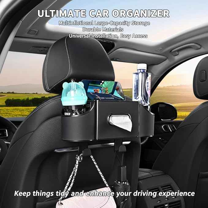 4-in-1 car organizer back seat, Multi-Pocket backseat car cup holder, Universal back seat cup holders for cars, car organization, for Travel & Daily Use (BLACK)