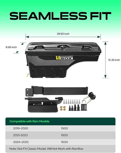 YHTAUTO Truck Bed Storage Tool Box Lockable Compatible with 2019-2025 Ram 1500, Driver Side, Not Fit Classic Model, Will Not Work with RamBox, Swing Waterproof Wheel Well Toolbox