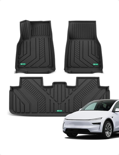 YHTAUTO Floor Mats Compatible with Tesla Model Y Juniper 2025 2026 5-Seat, TPE All Weather Car Mats Waterproof Anti-Slip Odorless 1st & 2nd Row Floor Liner, Set of 3, Black